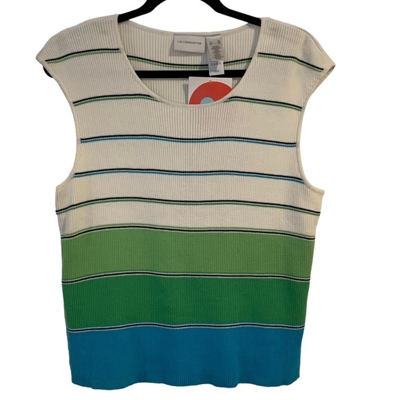 Liz Claiborne sleeveless lightweight striped ribbed sweater blue green white - Picture 1 of 6